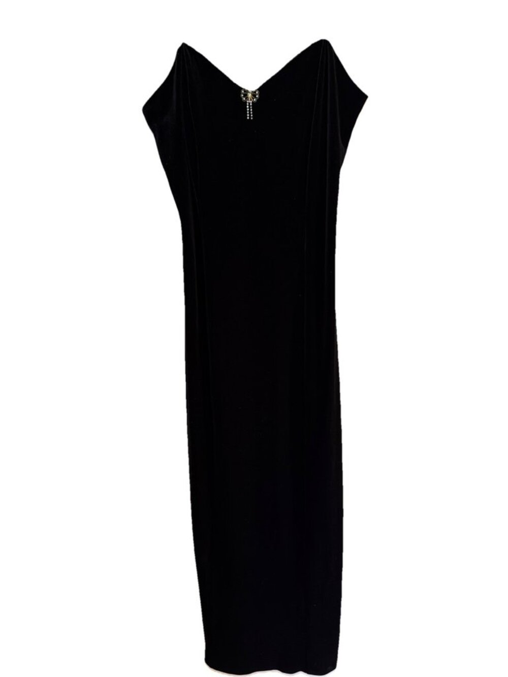 Vintage Black Velvet Maxi Dress Size L  Goth Fairy Whimsigoth Rhinestone Trim